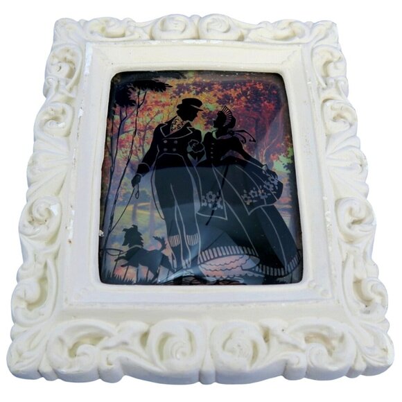 1930s Reverse Painted Silhouette on Bubble Glass – Couple with Dog, Plaster Fram - Picture 2 of 7